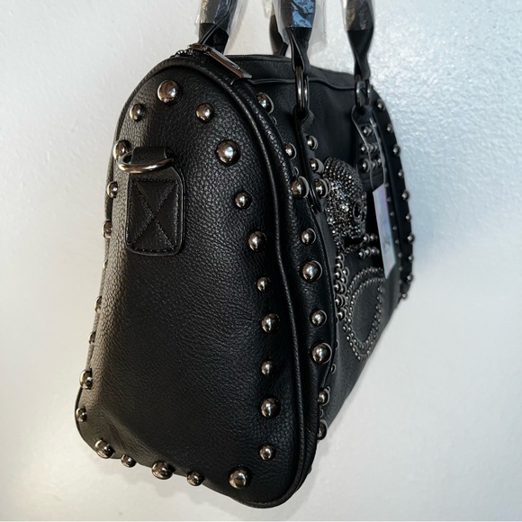 ☠️ Skull Studded Punk Moto Black Tote Crossbody Bag - Picture 13 of 16